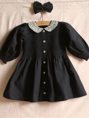 Bonjour Like New Black Polka Dot Lace Collar Girls' Dress
